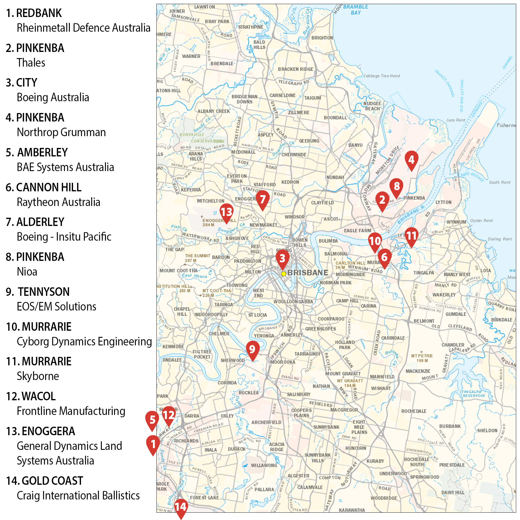 Brisbane map showing weapons companies